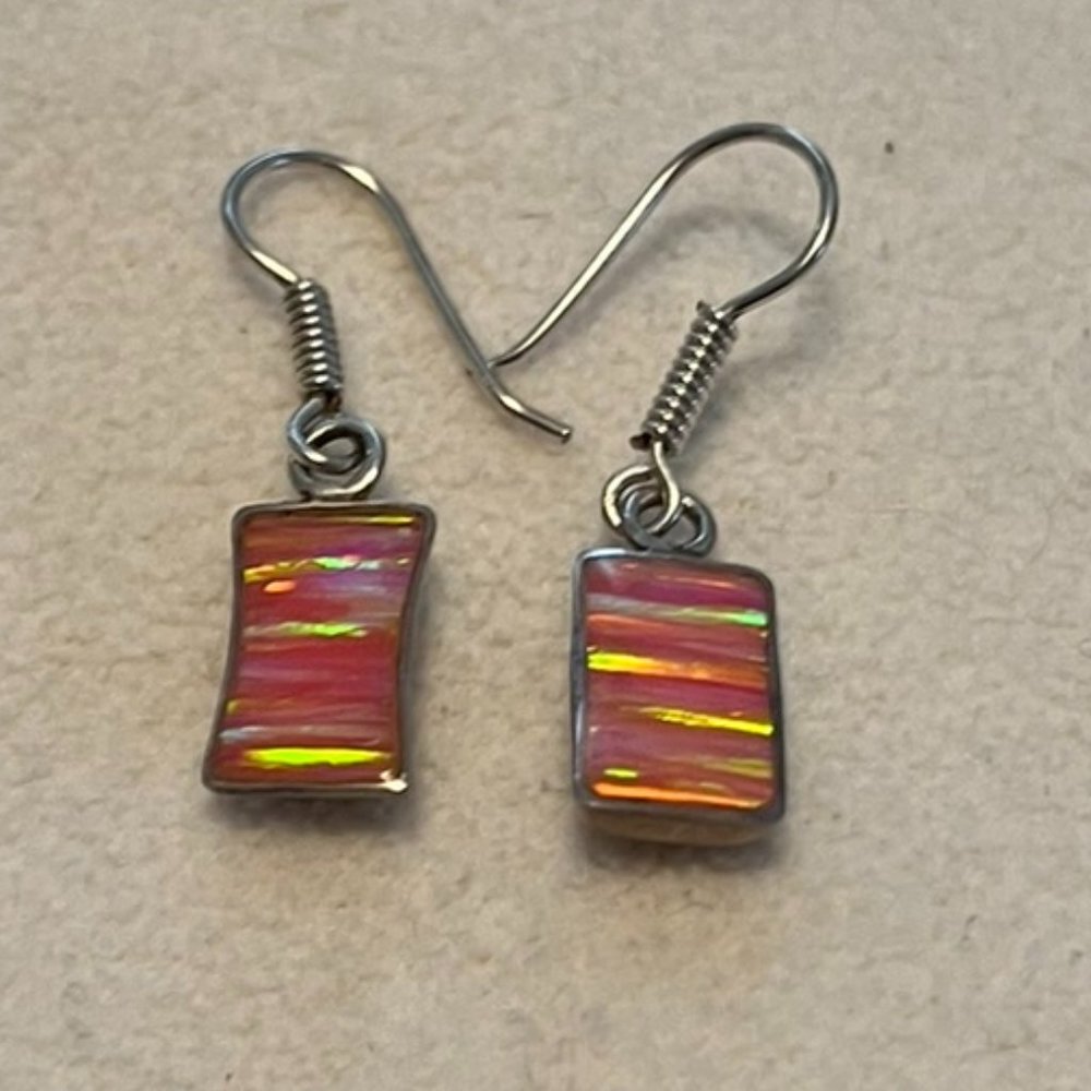 Pink Opal Fishhook Earrings - Pink - Silver Toned